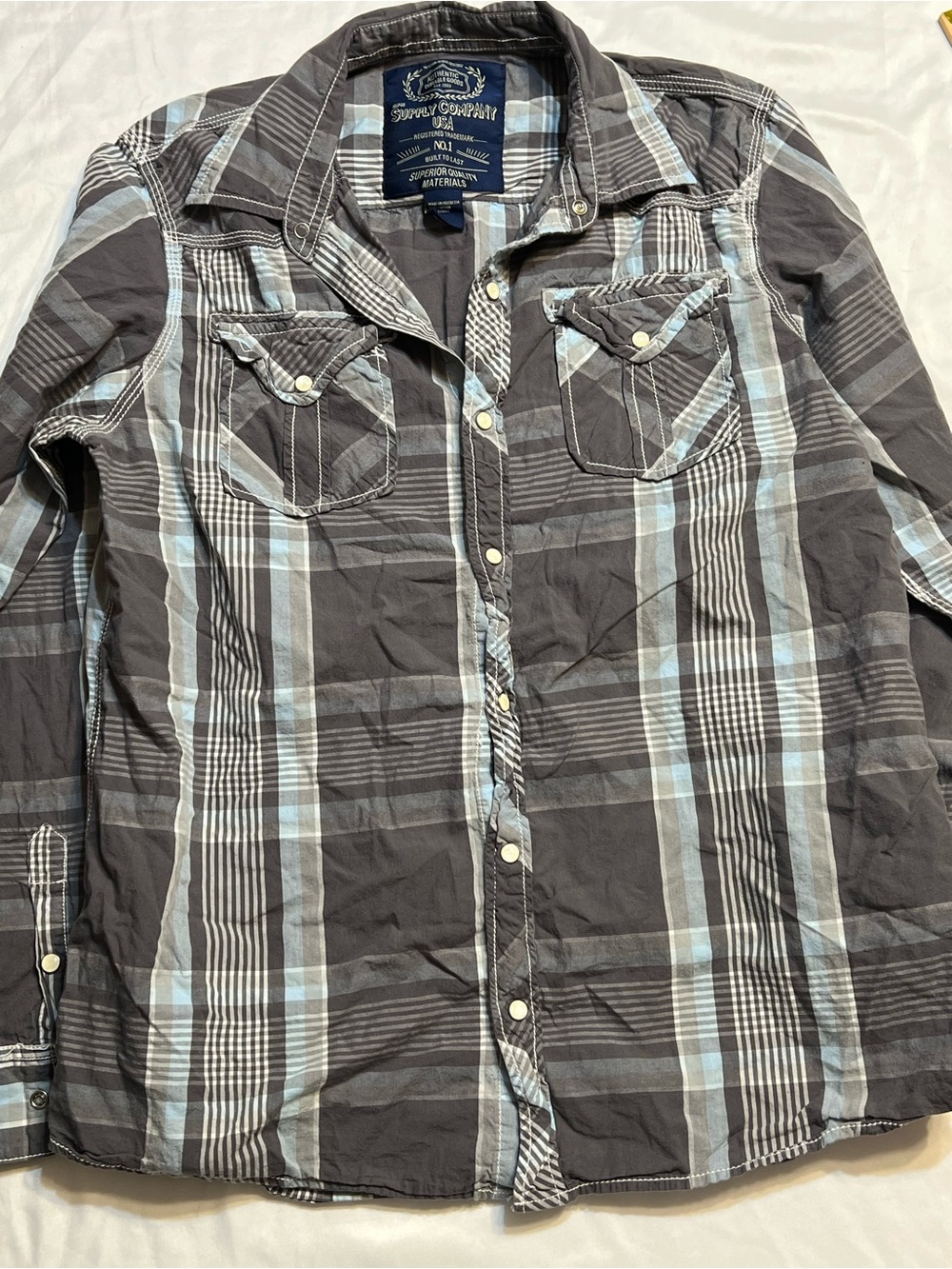 Dark Gray & Light Blue Plaid Snap-Front Shirt